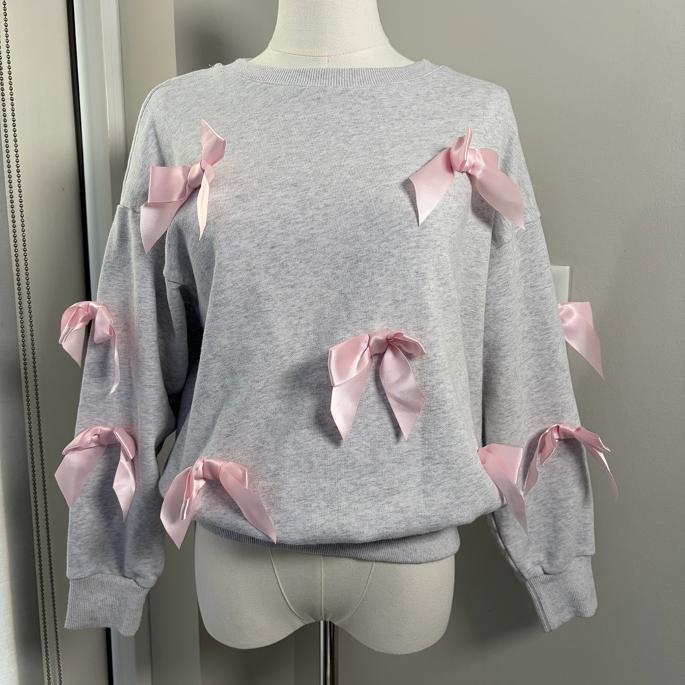 AS Revival Pink Ribbon Bow Gray Crewneck Sweatshirt Balletcore Coquette Flirty